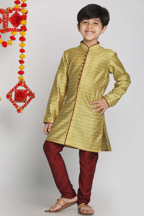 Buy Boy's Silk Blend Woven Design Kurta Set in Yellow