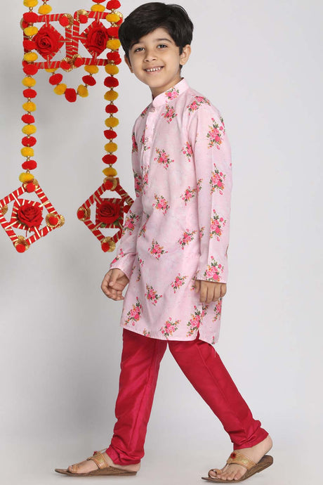 Buy Boy's Muslin Blend Floral Print Kurta Set in Pink - Front