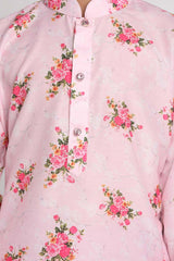 Buy Boy's Muslin Blend Floral Print Kurta Set in Pink - Side