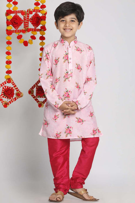 Buy Boy's Muslin Blend Floral Print Kurta Set in Pink