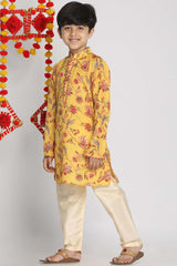 Buy Boy's Muslin Blend Floral Print Kurta Set in Mustard - Front