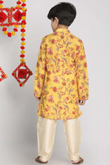 Buy Boy's Muslin Blend Floral Print Kurta Set in Mustard - Back