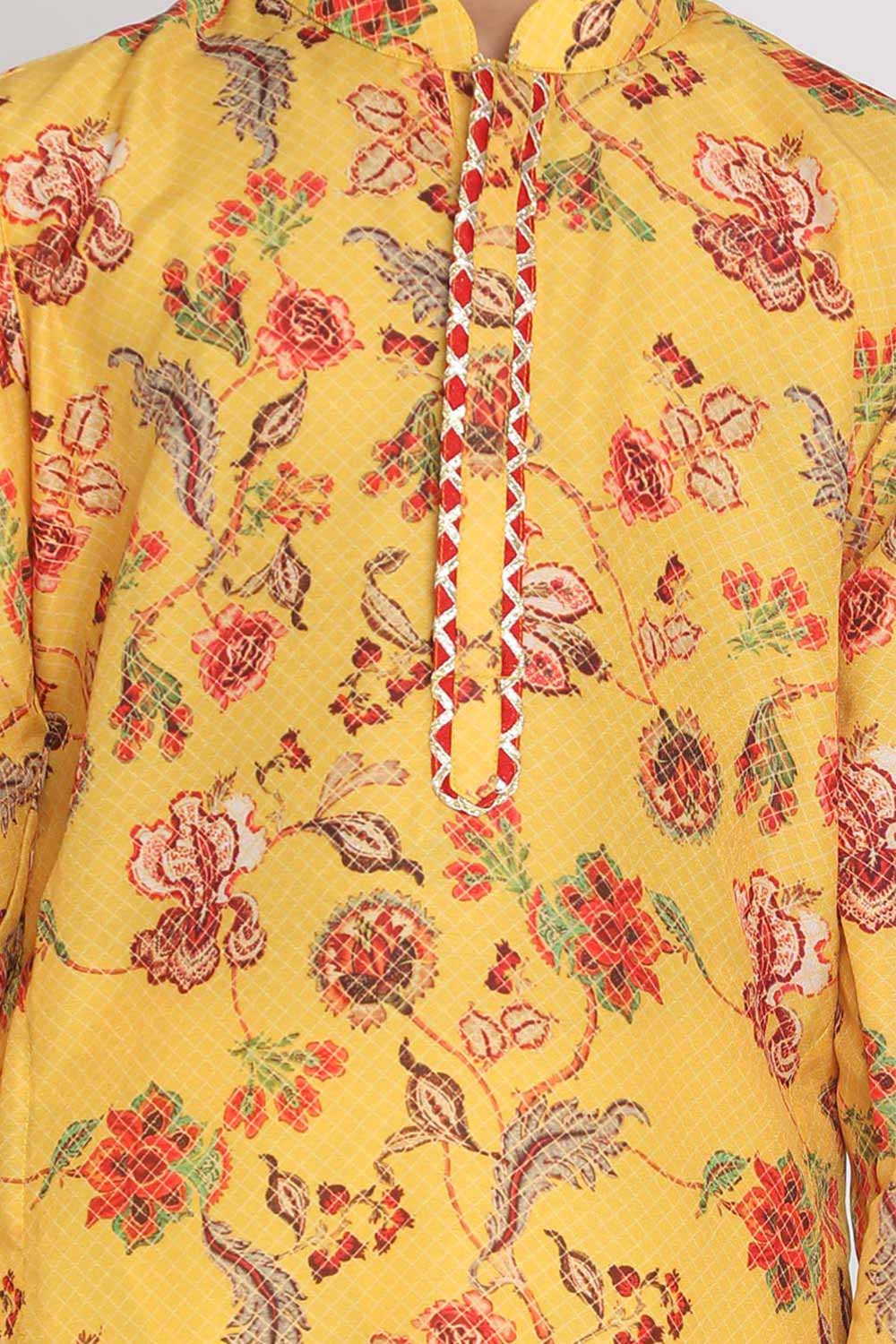 Buy Boy's Muslin Blend Floral Print Kurta Set in Mustard - Side