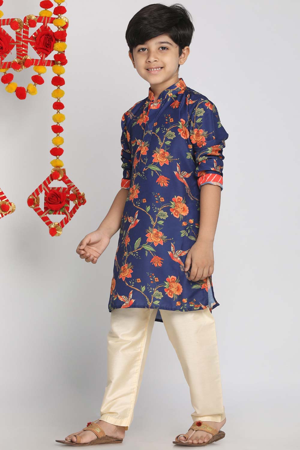 Buy Boy's Muslin Blend Floral Print Kurta Set in Blue - Front