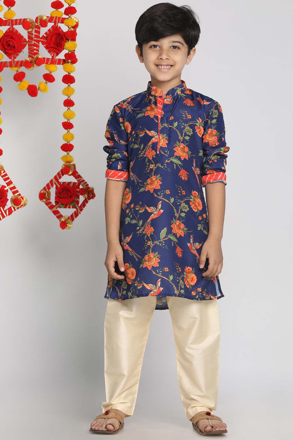 Buy Boy's Muslin Blend Floral Print Kurta Set in Blue