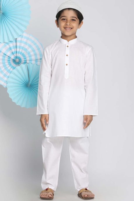 Buy Boy's Pure Cotton Solid Kurta Set in White - Front