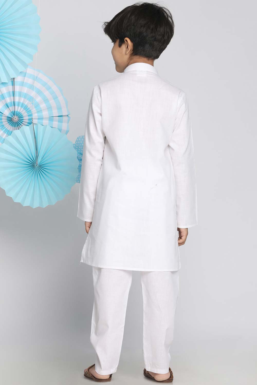 Buy Boy's Pure Cotton Solid Kurta Set in White - Back