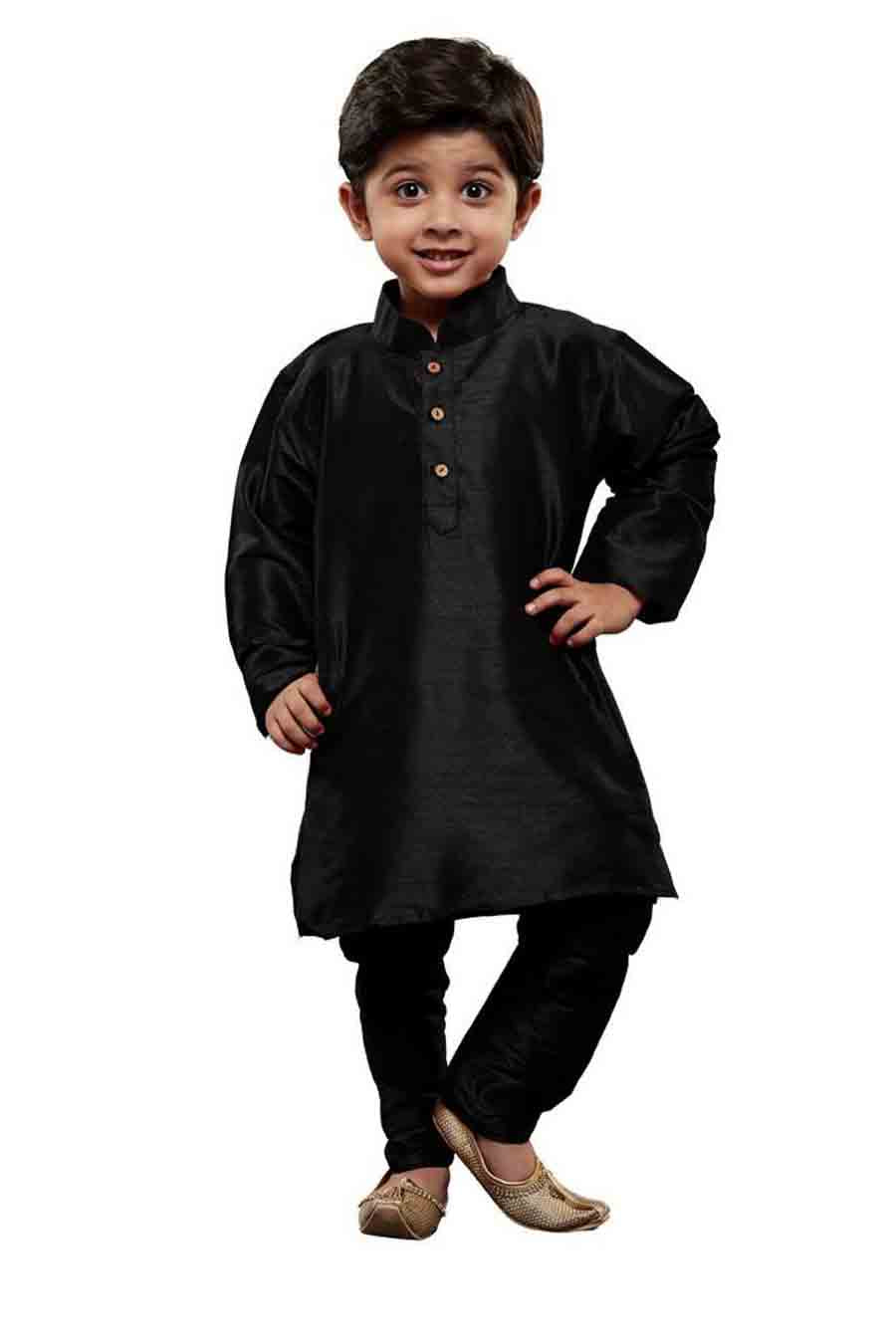 Boy's Cotton Art Silk Solid Kurta And Pajama Set In Black