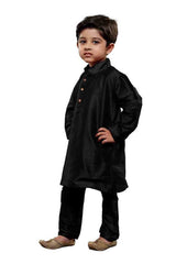 Boy's Cotton Art Silk Solid Kurta And Pajama Set In Black