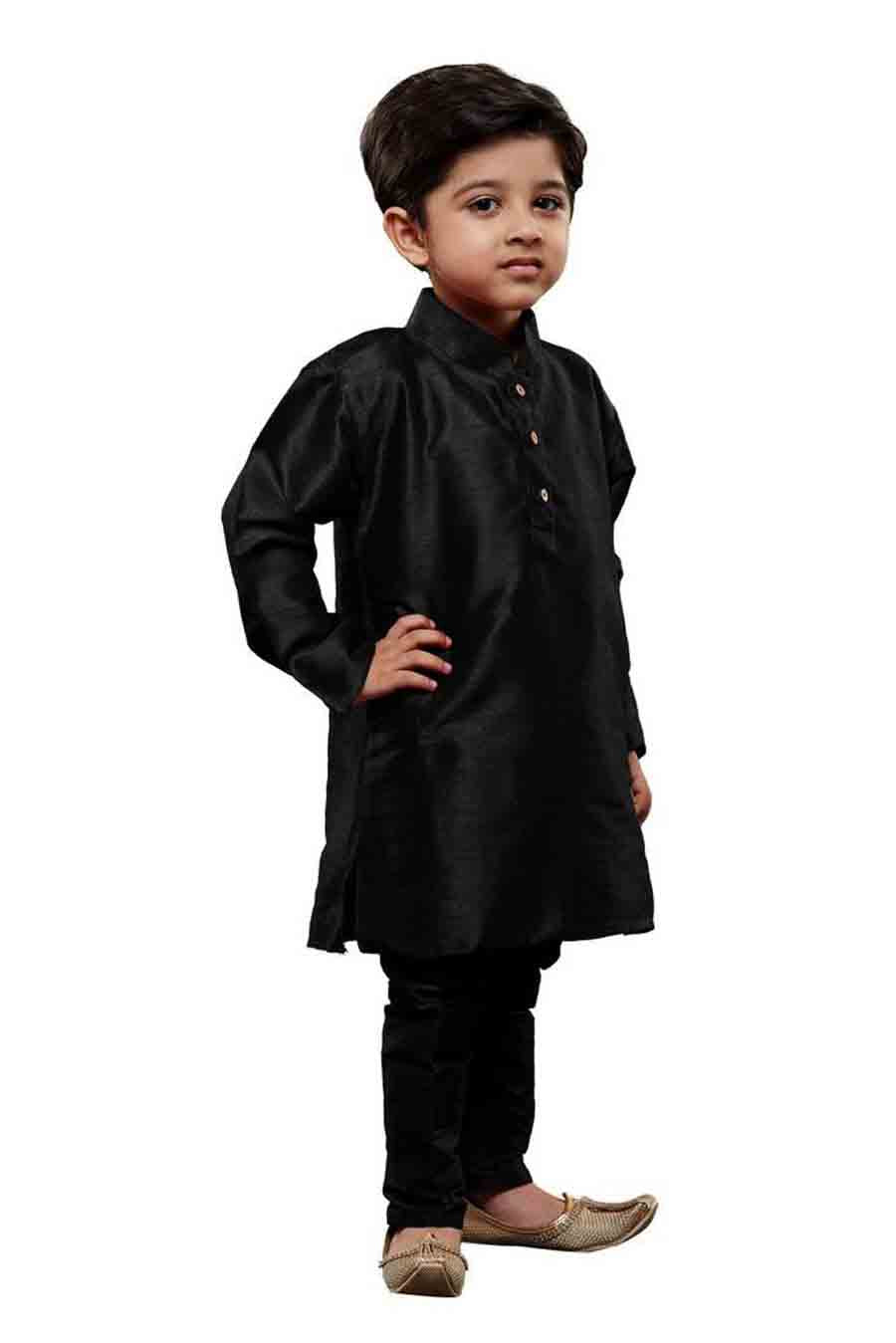 Boy's Cotton Art Silk Solid Kurta And Pajama Set In Black