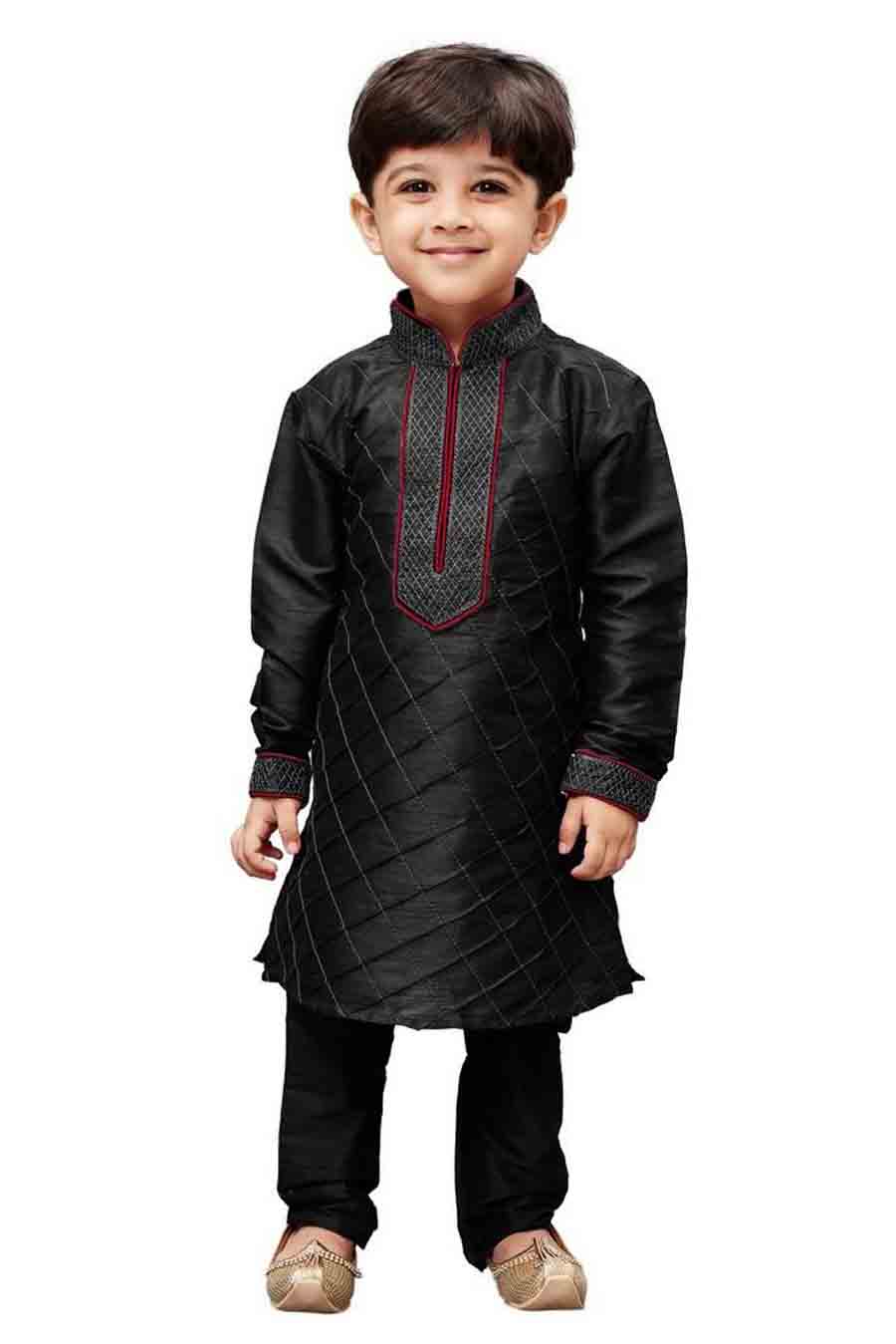 Boy's Cotton Art Silk Embroidered Kurta And Pajama Set In Black