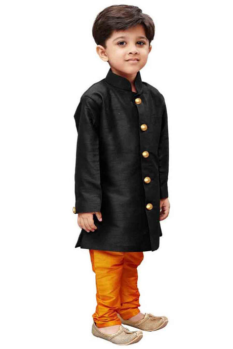 Boy's Art Silk Solid Sherwani in Black