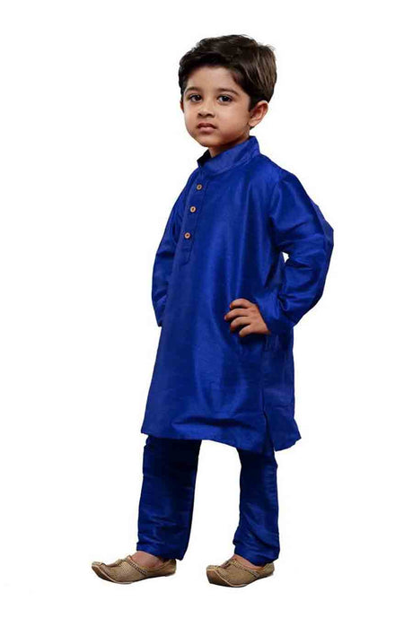 Boy's Cotton Art Silk Solid Kurta and Pyjama Set in Blue