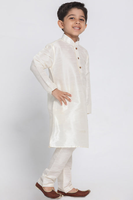 Boy's Cotton Art Silk Kurta Set in White