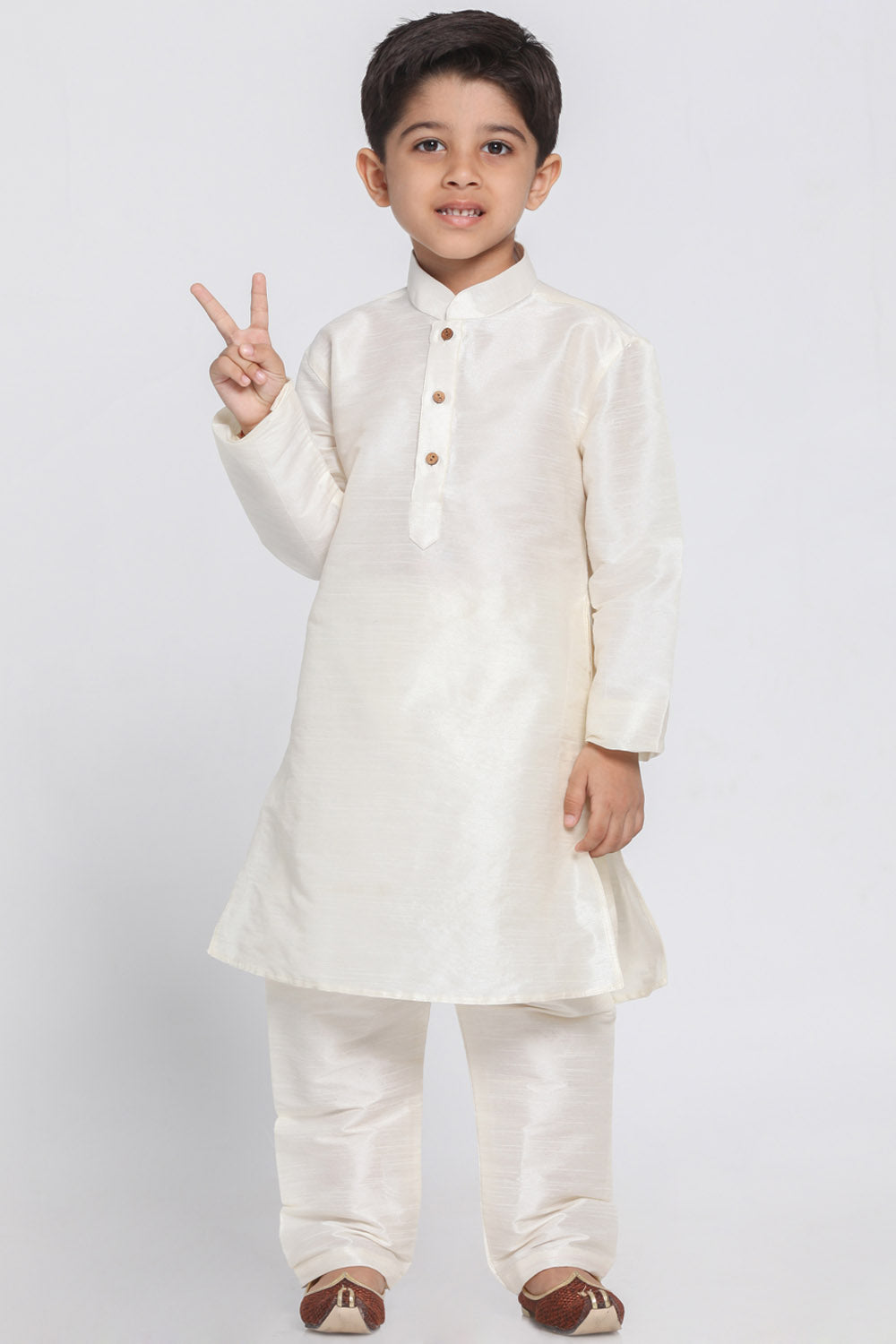 Boy's Cotton Art Silk Kurta Set In White