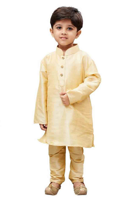 Boy's Cotton Art Silk Solid Kurta And Pajama Set In Gold