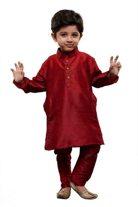 Boy's Cotton Art Silk Solid Kurta and Pyjama Set in Maroon