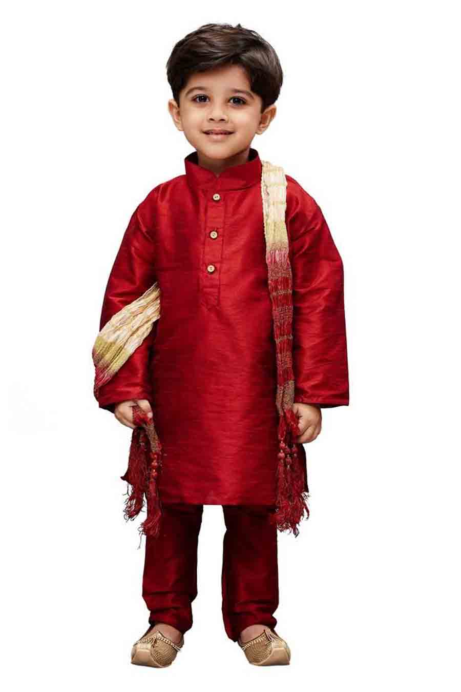 Boy's Cotton Art Silk Solid Kurta And Pajama Set In Maroon