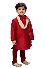 Boy's Cotton Art Silk Solid Kurta And Pajama Set In Maroon