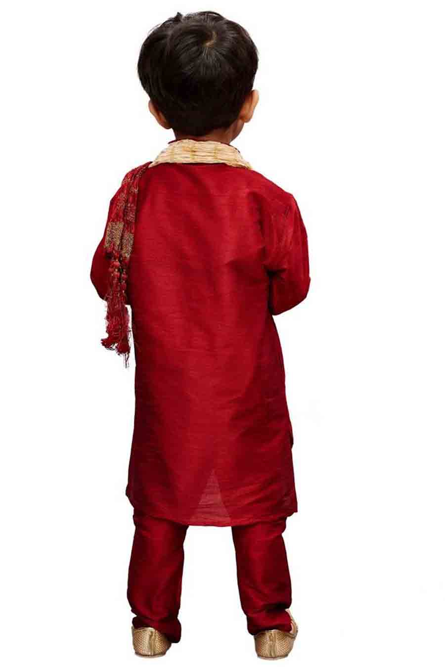 Boy's Cotton Art Silk Solid Kurta And Pajama Set In Maroon