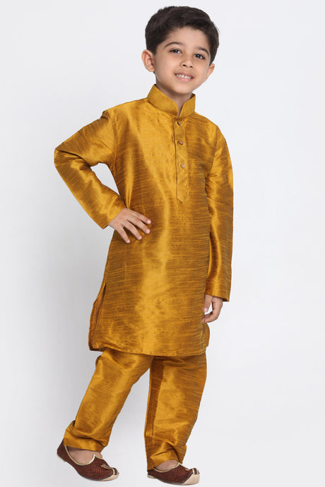 Boy's Cotton Art Silk Kurta Set in Yellow