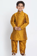 Boy's Cotton Art Silk Kurta Set In Yellow