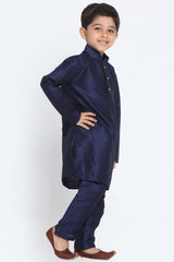 Boy's Cotton Art Silk Kurta Set In Deep Blue