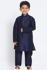 Boy's Cotton Art Silk Kurta Set In Deep Blue