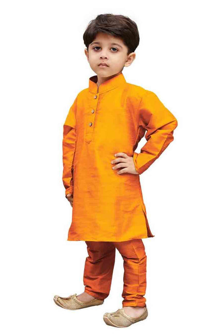 Boy's Cotton Art Silk Solid Kurta and Pyjama Set in Orange