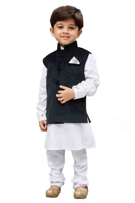 Boy's Cotton Printed Kurta And Pajama Set In White