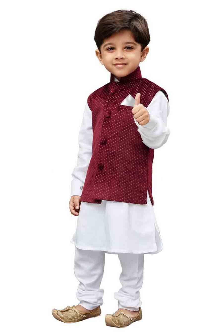 Boy's Cotton Printed Kurta And Pajama Set In White