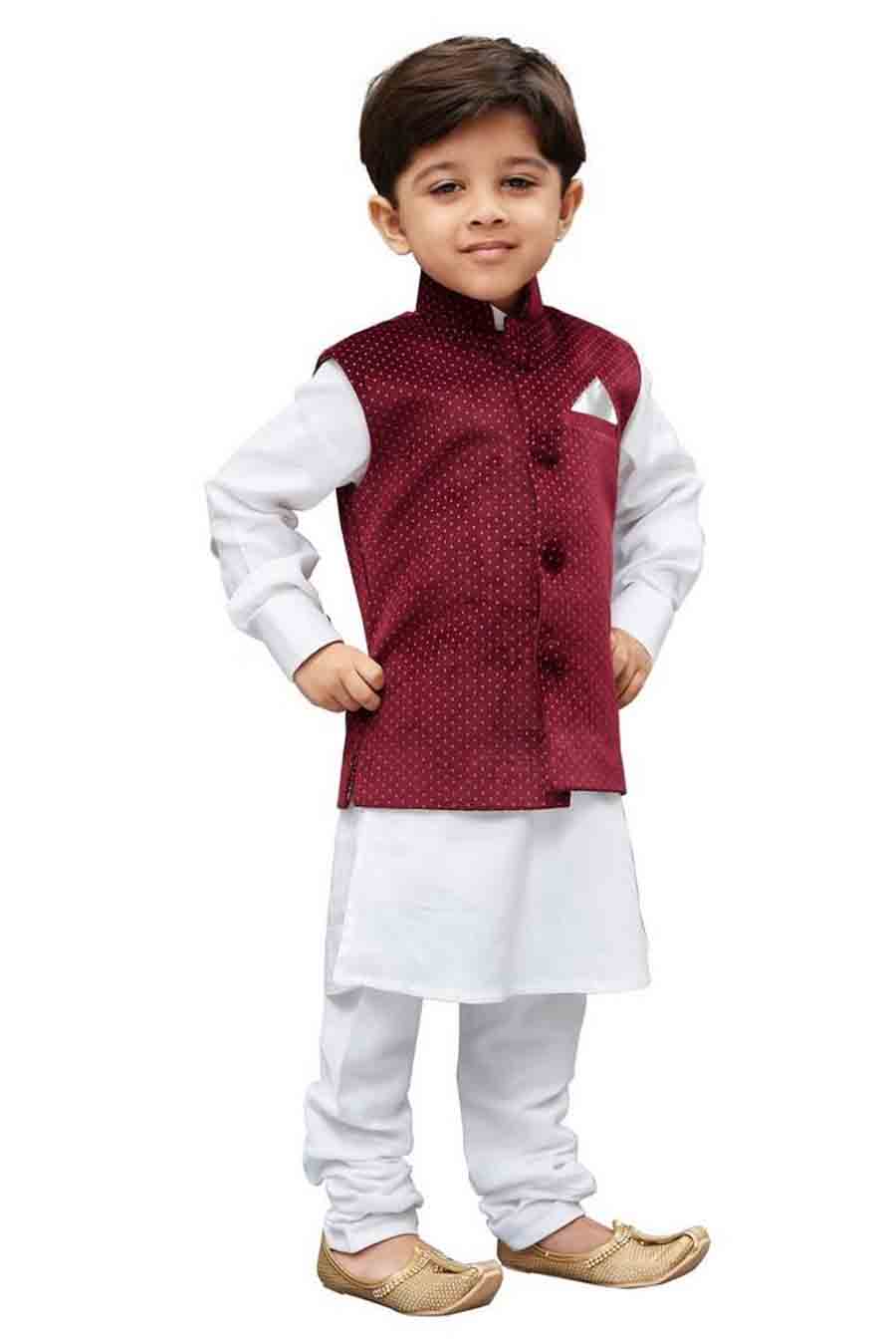 Boy's Cotton Printed Kurta And Pajama Set In White