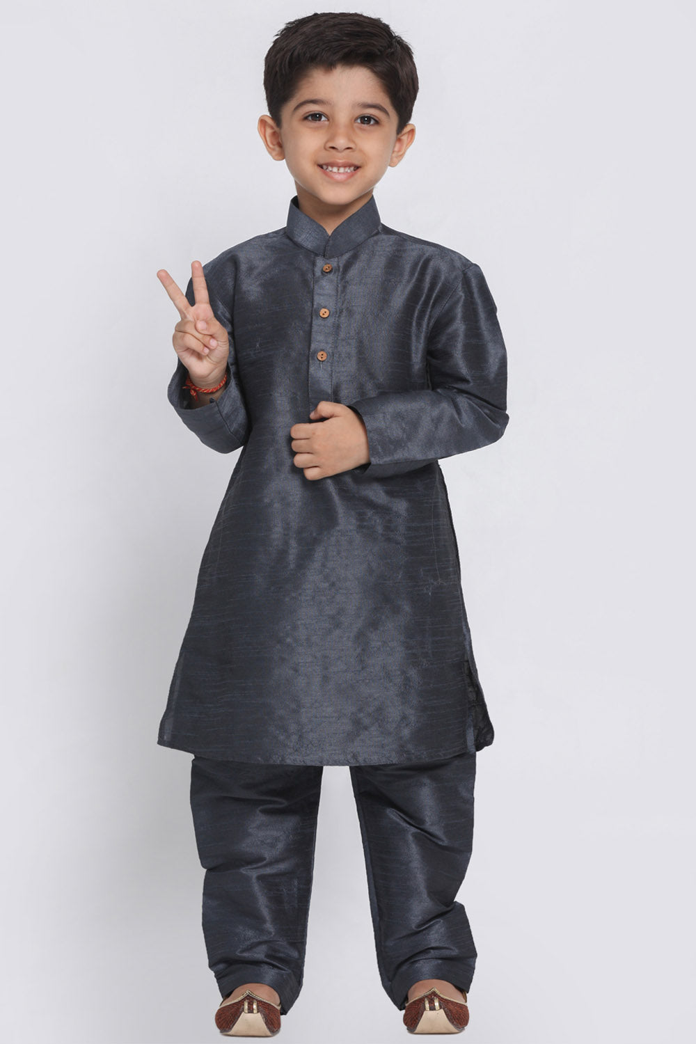 Boy's Cotton Art Silk Kurta Set In Grey