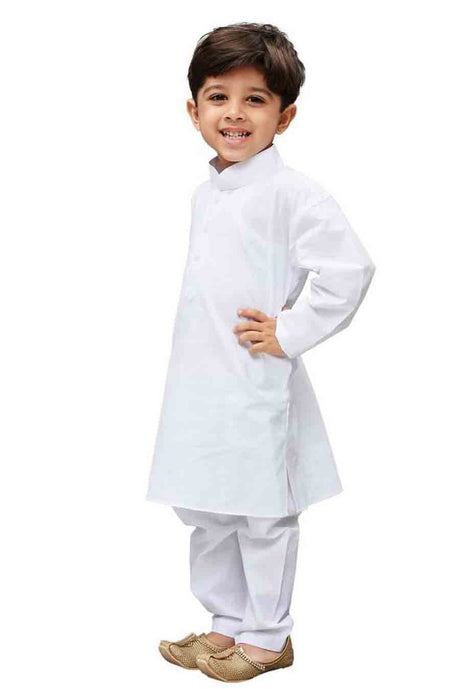 Boy's Cotton Solid Kurta and Pyjama Set in White