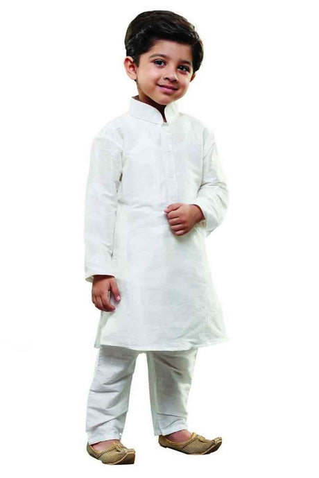 Boy's Cotton Art Silk Solid Kurta and Pyjama Set in White