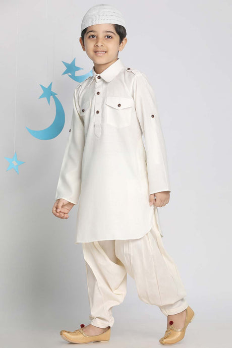 Buy Boy's Cotton Blend Solid Pathani Set in Cream - Front