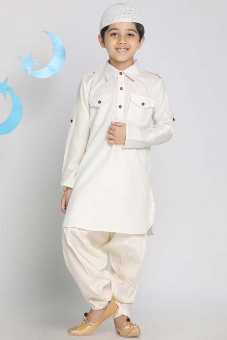 Buy Boy's Cotton Blend Solid Pathani Set in Cream