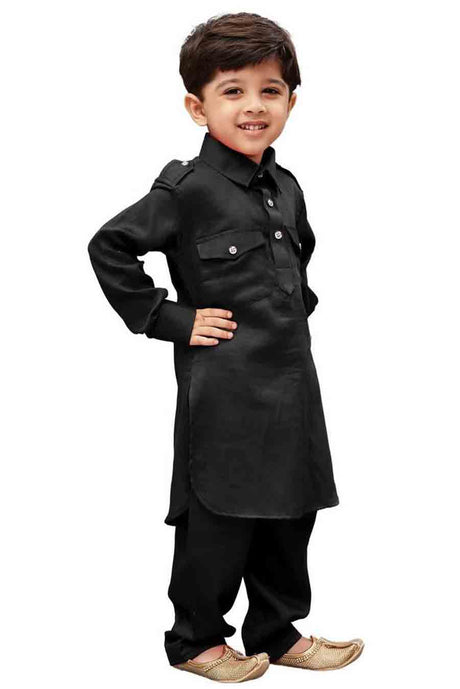 Boy's Cotton Solid Pathani in Black