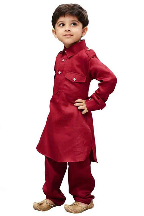 Boy's Cotton Solid Pathani in Maroon