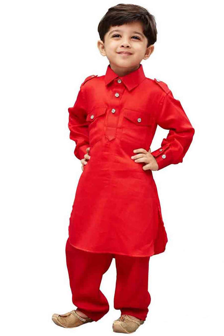 Boy's Cotton Solid Pathani in Red