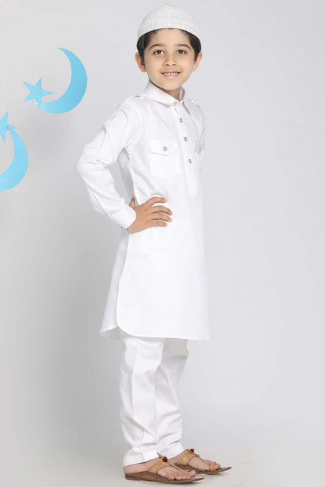 Buy Boy's Cotton Solid Pathani Set in White - Front