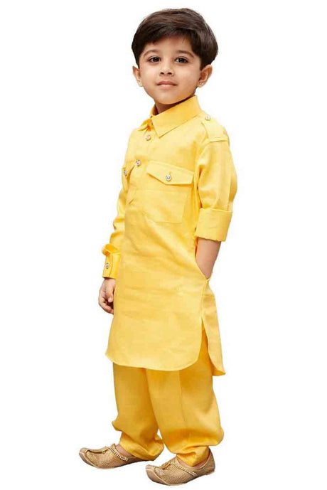 Boy's Cotton Solid Pathani in Yellow