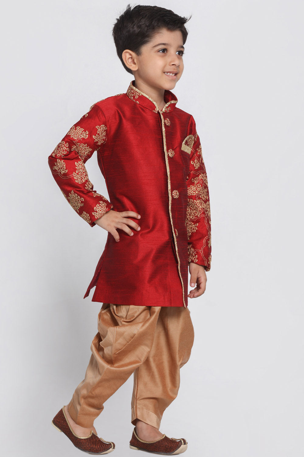 Boy's Cotton Art Silk Kurta Set In Maroon