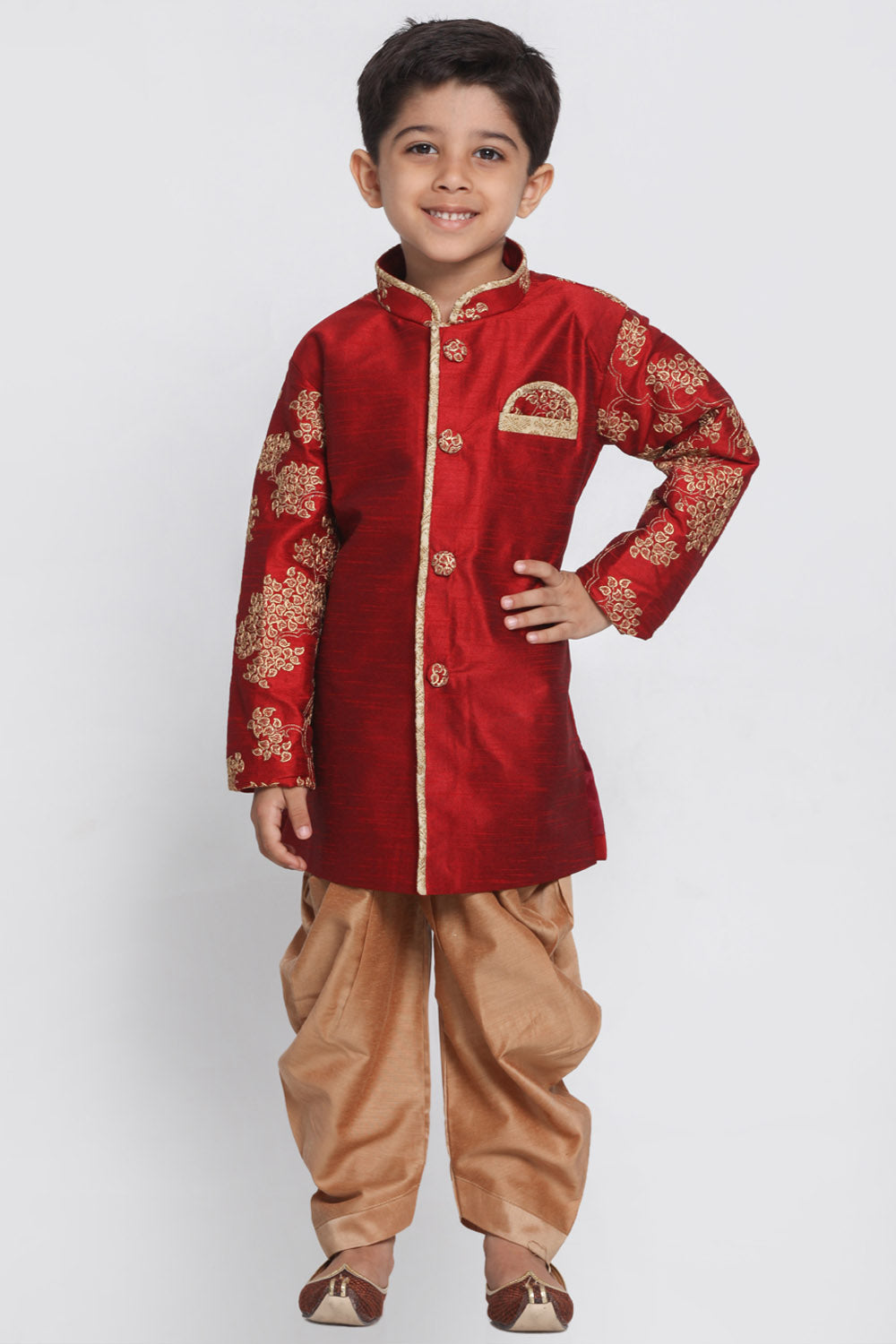 Boy's Cotton Art Silk Kurta Set In Maroon