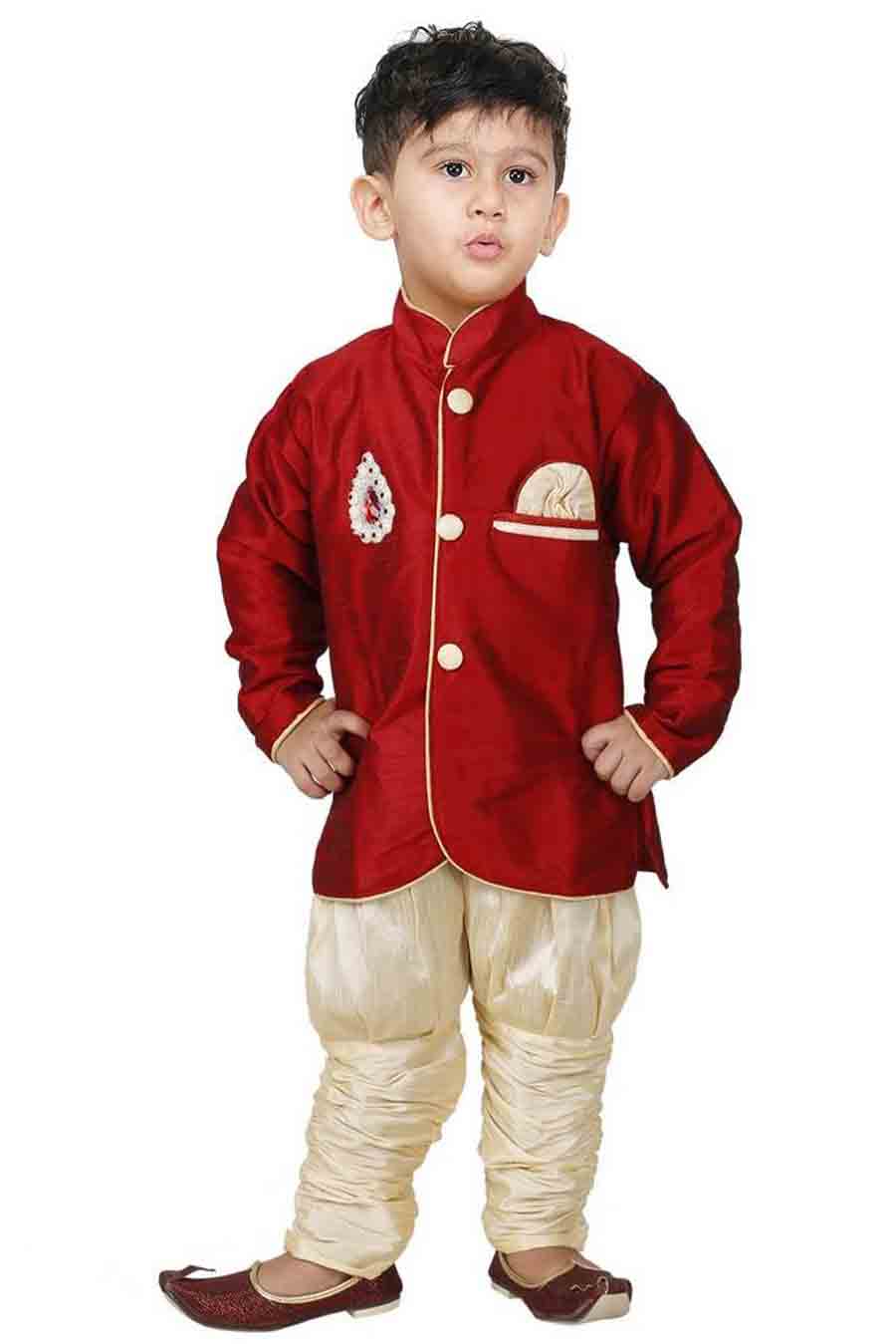 Boy's Cotton Art Silk Solid Kurta And Pajama Set In Maroon