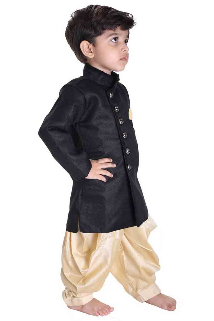 Boy's Cotton Solid Sherwani in Black
