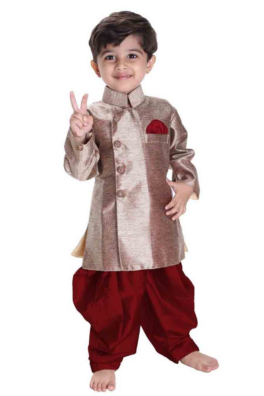 Boy's Cotton Solid Sherwani In Gold