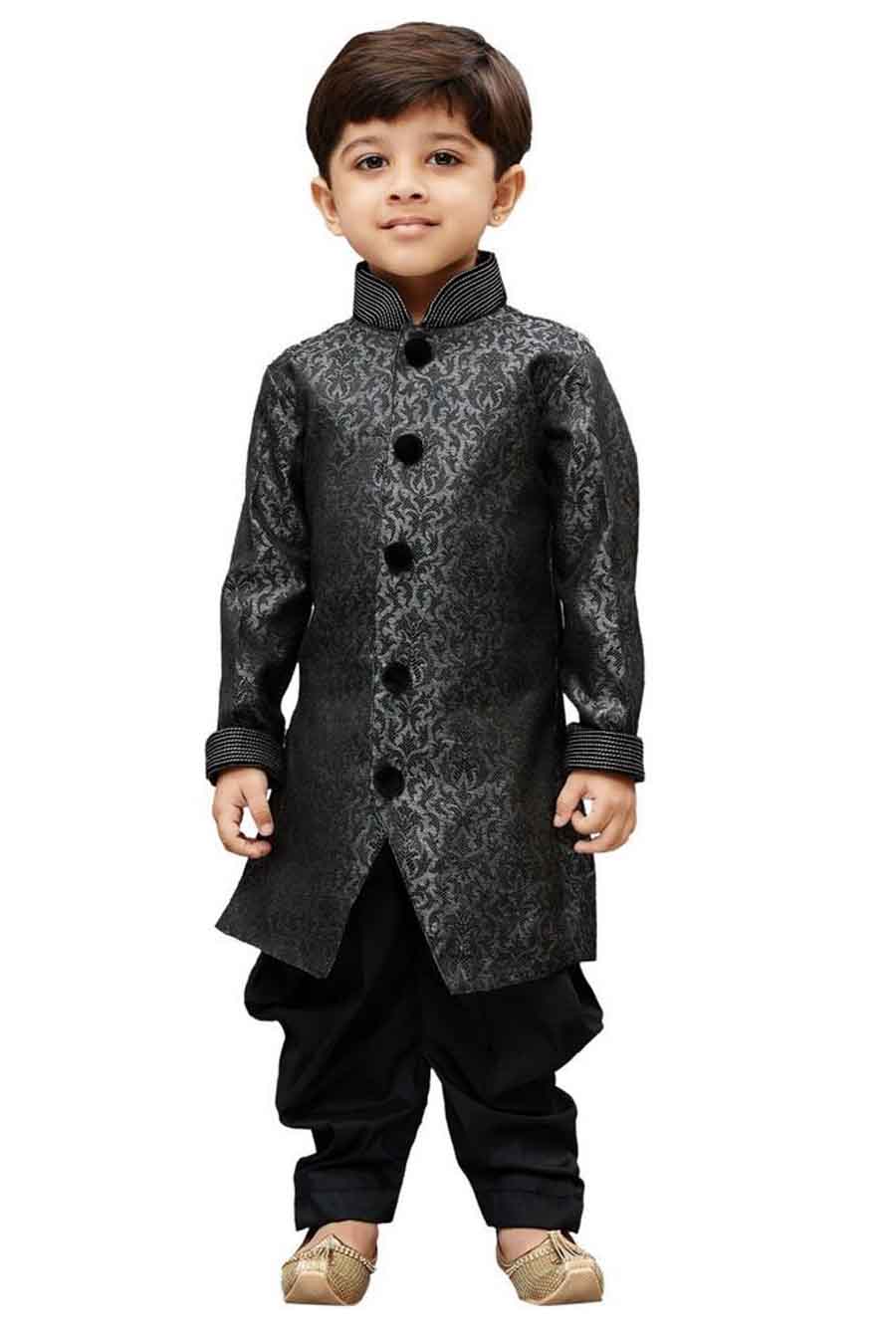 Boy's Art Silk Self Design Sherwani In Grey