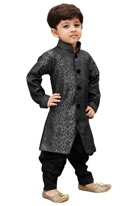 Boy's Art Silk Self Design Sherwani in Grey