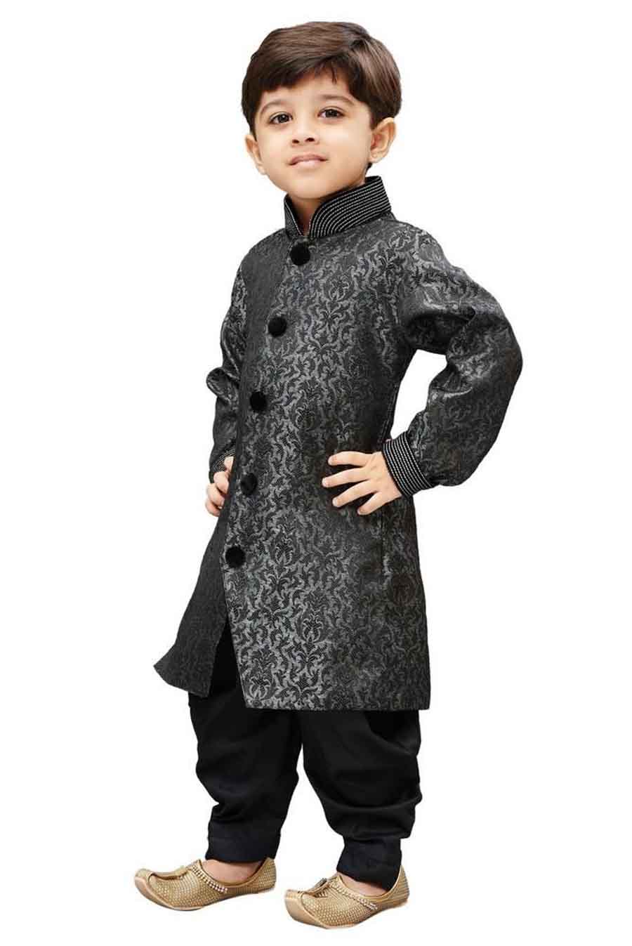 Boy's Art Silk Self Design Sherwani In Grey